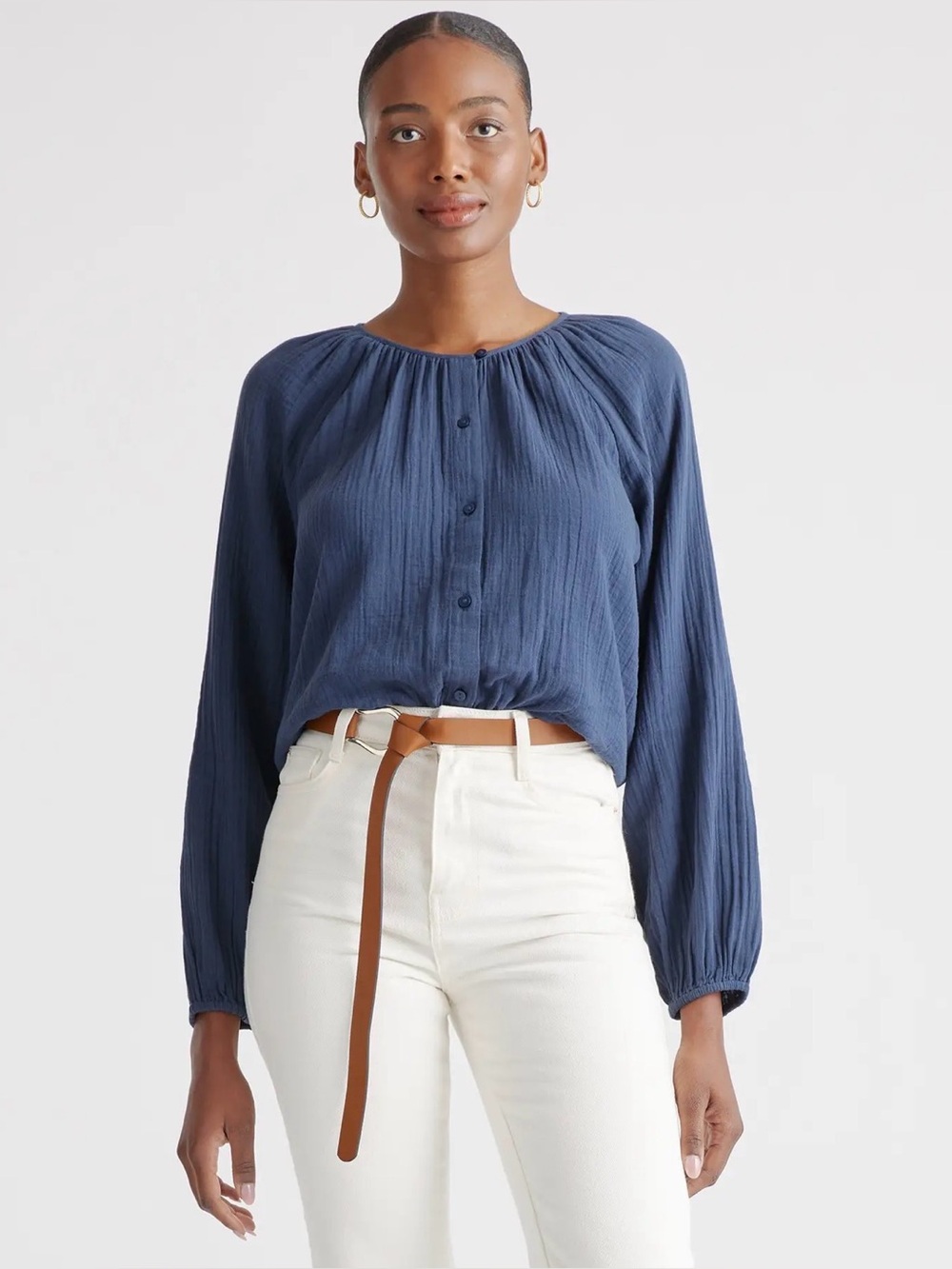 Quince 100% Organic Cotton Gauze Peasant Blouse women’s size small navy blue